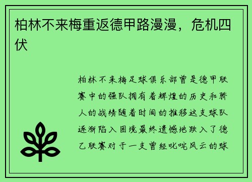 柏林不来梅重返德甲路漫漫，危机四伏