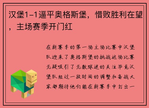 汉堡1-1逼平奥格斯堡，惜败胜利在望，主场赛季开门红