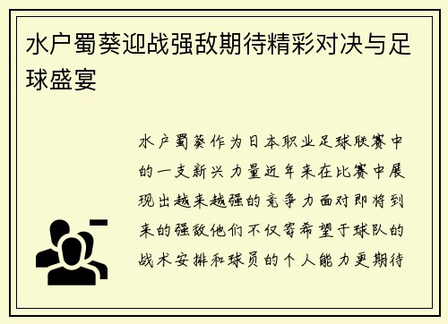 水户蜀葵迎战强敌期待精彩对决与足球盛宴