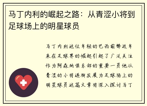 马丁内利的崛起之路：从青涩小将到足球场上的明星球员