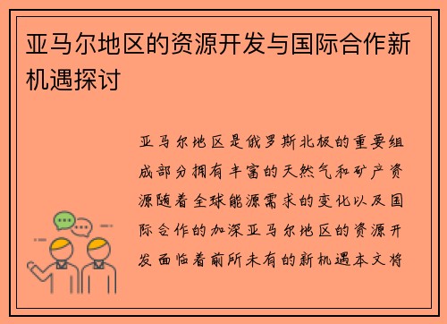 亚马尔地区的资源开发与国际合作新机遇探讨