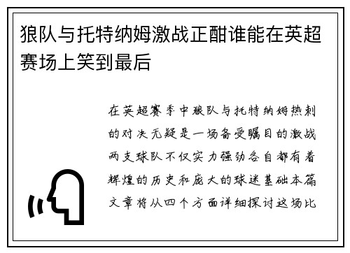 狼队与托特纳姆激战正酣谁能在英超赛场上笑到最后