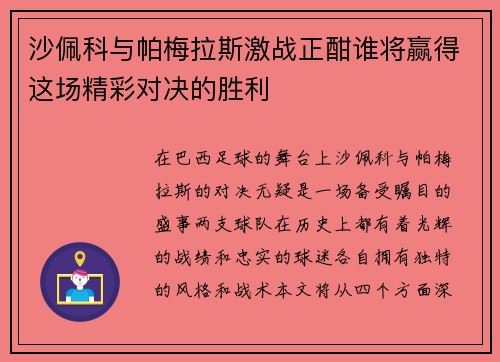 沙佩科与帕梅拉斯激战正酣谁将赢得这场精彩对决的胜利