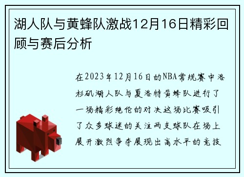 湖人队与黄蜂队激战12月16日精彩回顾与赛后分析