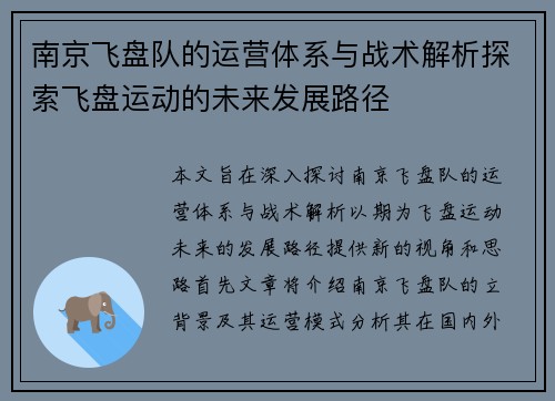南京飞盘队的运营体系与战术解析探索飞盘运动的未来发展路径