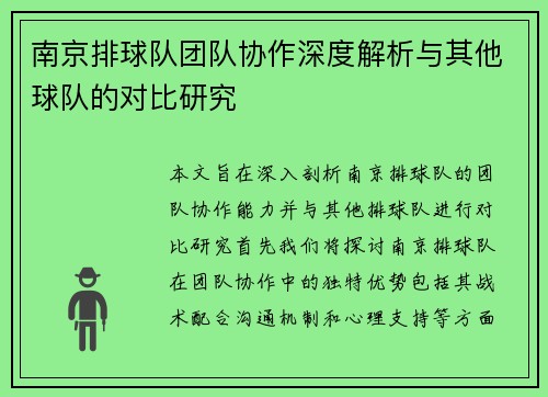 南京排球队团队协作深度解析与其他球队的对比研究