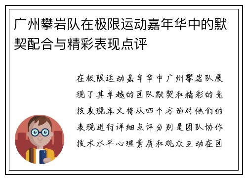 广州攀岩队在极限运动嘉年华中的默契配合与精彩表现点评