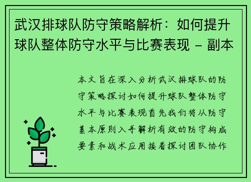 武汉排球队防守策略解析：如何提升球队整体防守水平与比赛表现 - 副本